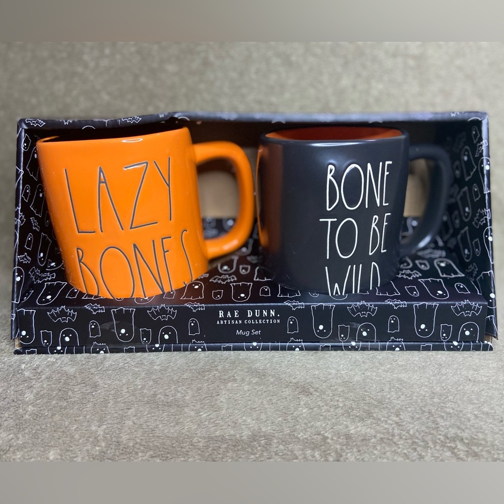 Rae Dunn Orange & Black "Lazy Bones" "Bone To Be Wild" Mug Set